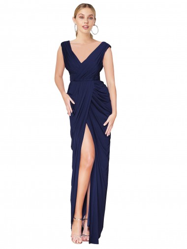 Shop Draped V-Neck Long Chiffon Bridesmaid Dress / Formal Prom Dress with Front Slit Melbourne