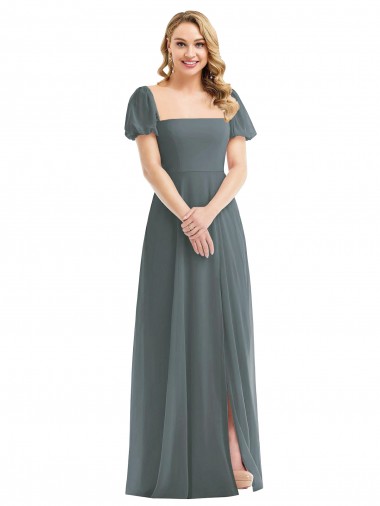 Shop Puff Sleeves Chiffon Maxi Bridesmaid Dress with Front Slit Melbourne