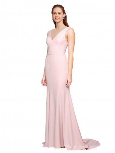 Shop Deep V-Neckline and Back Long Sweep Train Crepe Bridesmaid Dress / Prom Dress with Shoulder Straps Melbourne