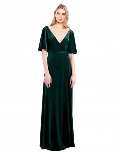Shop Deep V-Neck Flutter Sleeves Long Velvet Wrap Bridesmaid Dress / Prom Dress Melbourne